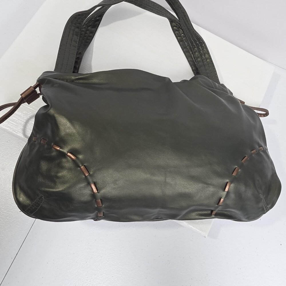 Faux Leather Shoulder Bag Womens Green Hobo Tote Purse Copper Stitching - Picture 4 of 9